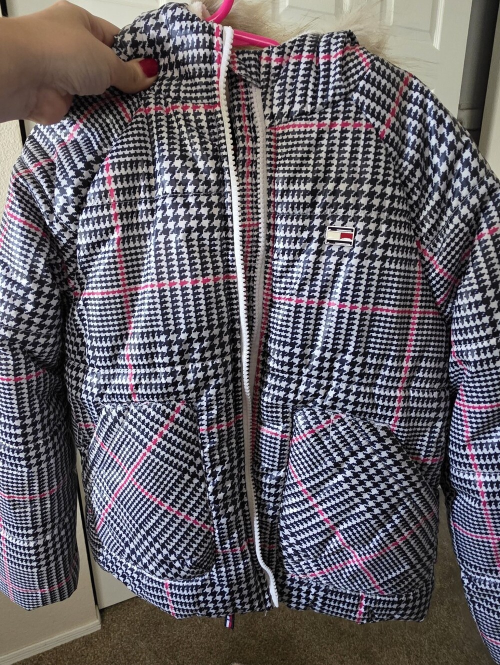 Tommy Hilfiger Plaid Puffer Jacket in Navy, White & Pink